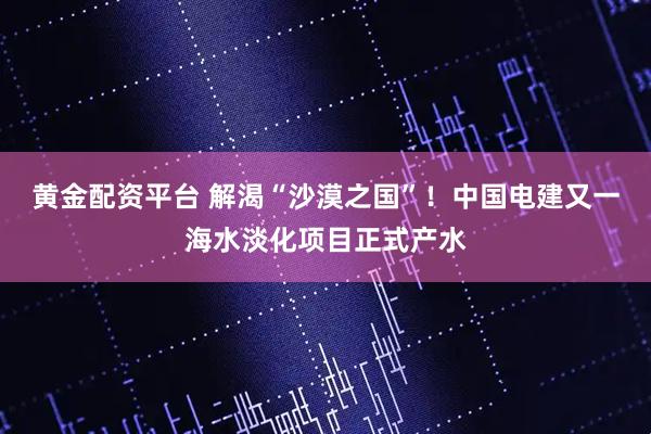 黄金配资平台 解渴“沙漠之国”！中国电建又一海水淡化项目正式产水